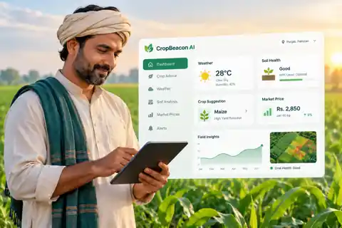 AI-generated concept image of a Pakistani farmer using the CropBeacon phone dashboard, with crop status, soil moisture, and estimated harvest timing.